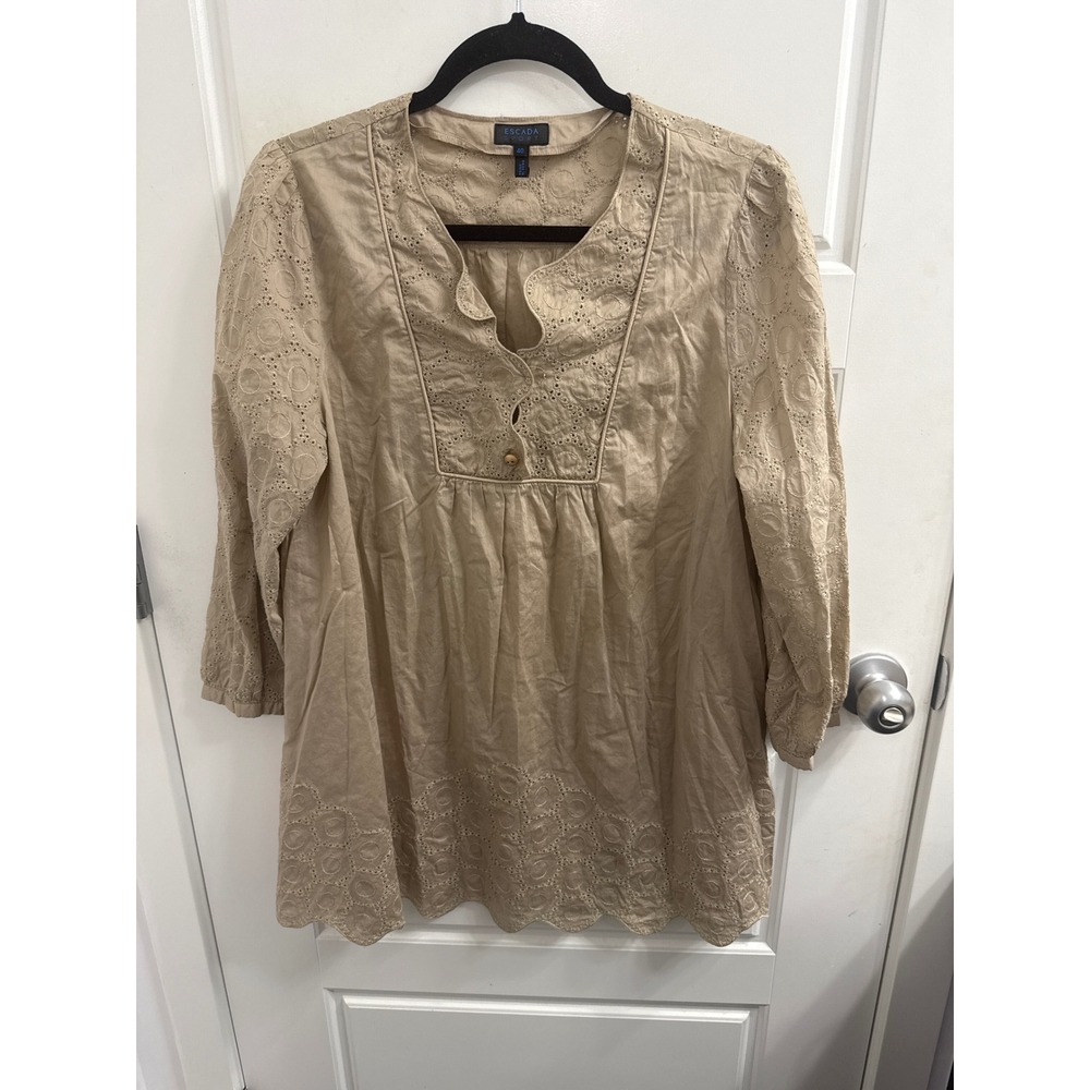 Escada Sport Tan Eyelet Embroidered Scallop Hem Tunic Blouse Khaki Size 40